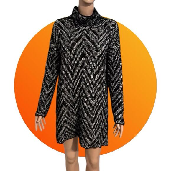 Eileen Fisher Scrunch Neck Tunic Top Sweater Dress Black Ivory Chevron XL NWT - Picture 6 of 9